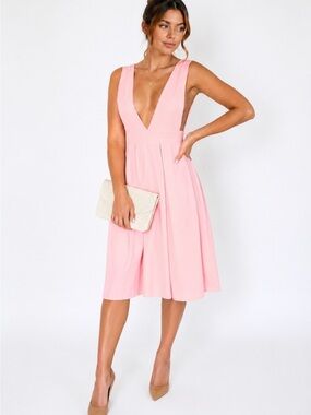 Pink Deep V-Neck Midi Dress Wedding Guest Cocktail Dress